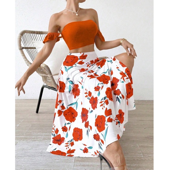 Boho Floral Print Ruffle Sleeve Crop Top Maxi Skirt set - Picture 10 of 10